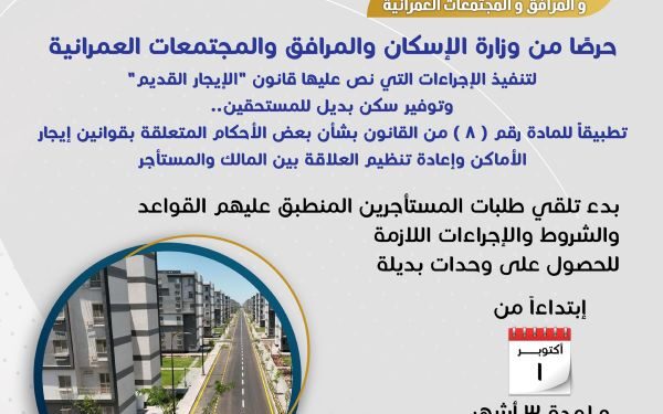بالإنفوجراف: “الإسكان” توضح كيفية تلقي طلبات المستأجرين المنطبق عليهم قانون “الإيجار القديم” 