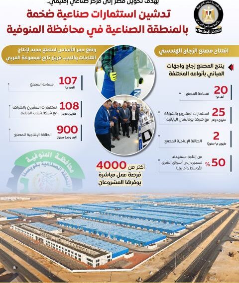 بالانفوجراف .. تدشين استثمارات صناعية ضخمة بالمنطقة الصناعية بمدينة قويسنا بمحافظة المنوفية