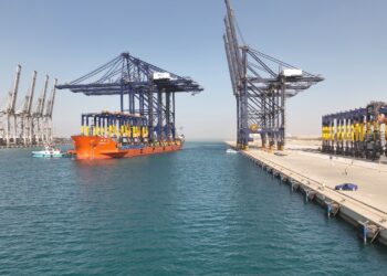 وصول 3 أوناش رصيف عملاقة و 6 أوناش ساحة أوتوماتيكية علي رصيف محطة هاتشيسون رقم 1 بميناء السخنة السفينة