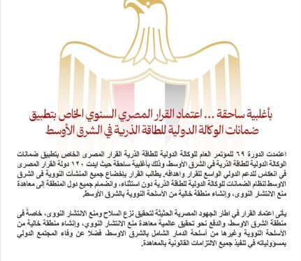اعتماد القرار المصري السنوي الخاص بتطبيق ضمانات الوكالة الدولية للطاقة الذرية في الشرق الأوسط