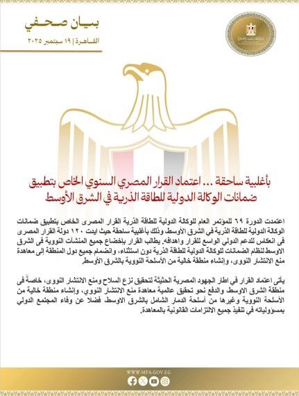 اعتماد القرار المصري السنوي الخاص بتطبيق ضمانات الوكالة الدولية للطاقة الذرية في الشرق الأوسط