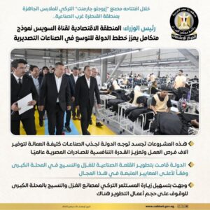رئيس الوزراء يفتتح مصنع إروجلو جارمنت التركي للملابس الجاهزة 
