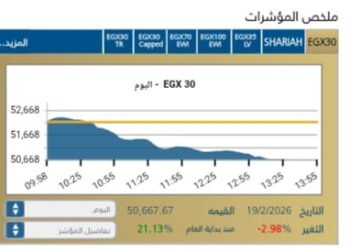 مؤشر EGX30 يغلق علي هبوط حاد بنسبة 2,98-%