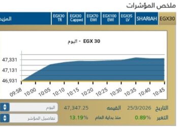 مؤشر EGX30 يرتفع بنسبة 0,89% مع بداية تعاملات اليوم