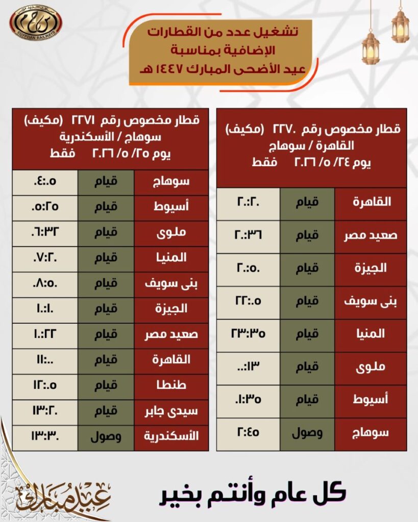 جدول يوضح تفاصيل تشغيل قطارين إضافيين بين القاهرة / سوهاج / الإسكندرية والعكس
