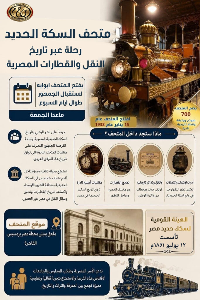 بالانفوجراف .. متحف السكك الحديدية رحلة في ذاكرة الوطن عبر ١٧٥ عاما من العراقة والتطور