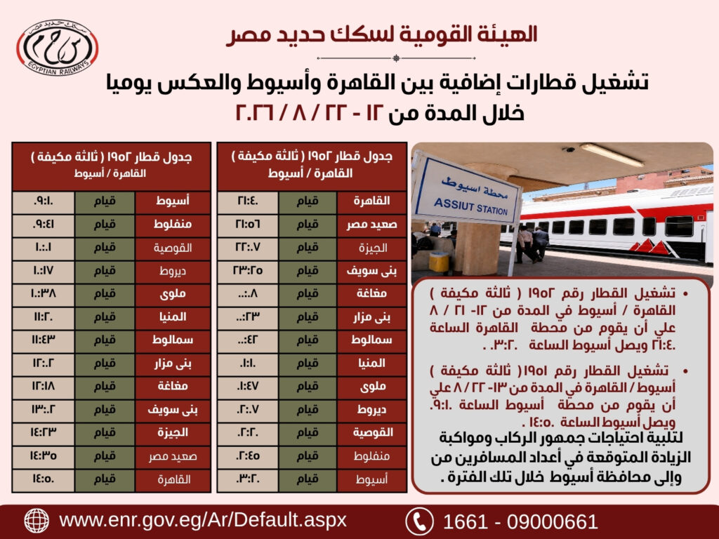 الجداول المرفقة يوضح مواعيد تشغيل القطارات الاضافية