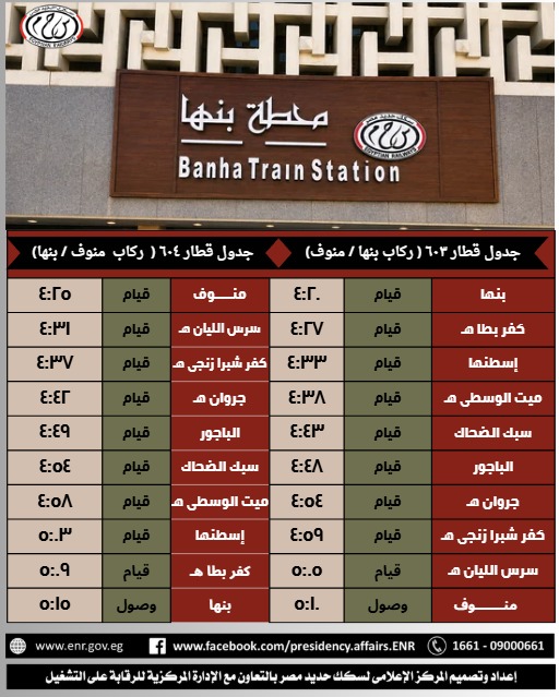 جدول تعديل مواعيد قطاري 603 و 604 ركاب ( بنها / منوف)